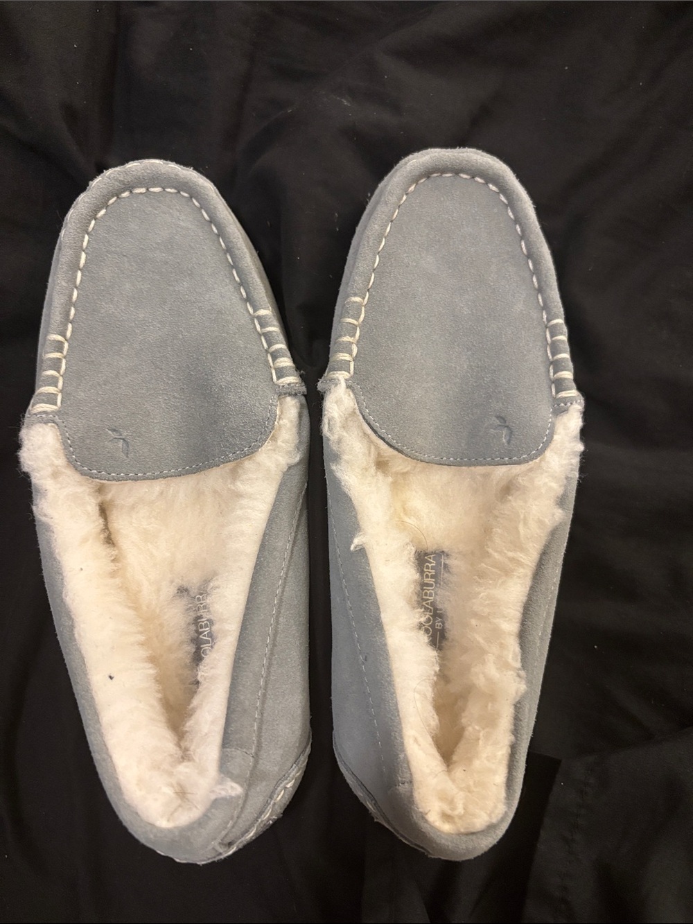 Koolaburra Light Gray Suede Moccasin Slippers with Cream Shearling Lining